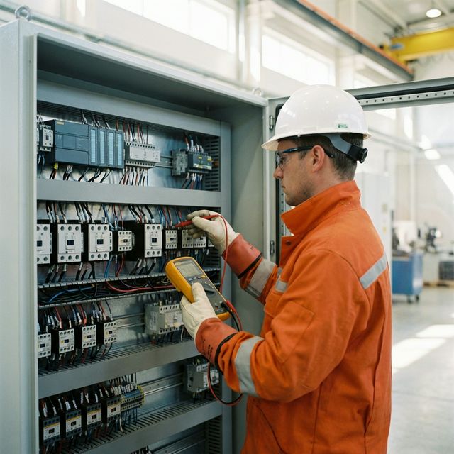 Técnico realizando inspeção preventiva com painéis de controle industriais abertos