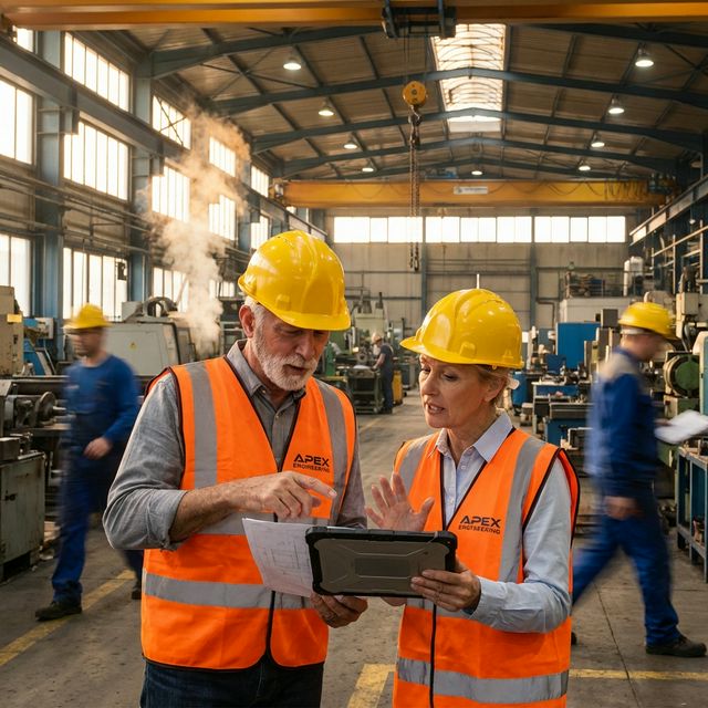 Supervisores com EPI amarela debatendo projeto fabril