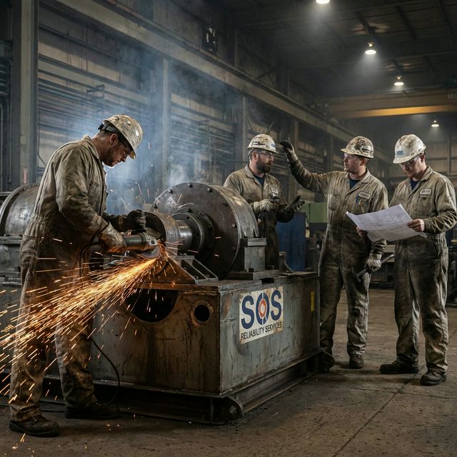 Profissional com EPI soldando tubulações na manutenção em ambiente industrial.