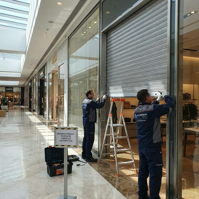 Instalação de porta de enrolar automática Transvision em shopping center por equipe da Oliveira Juns